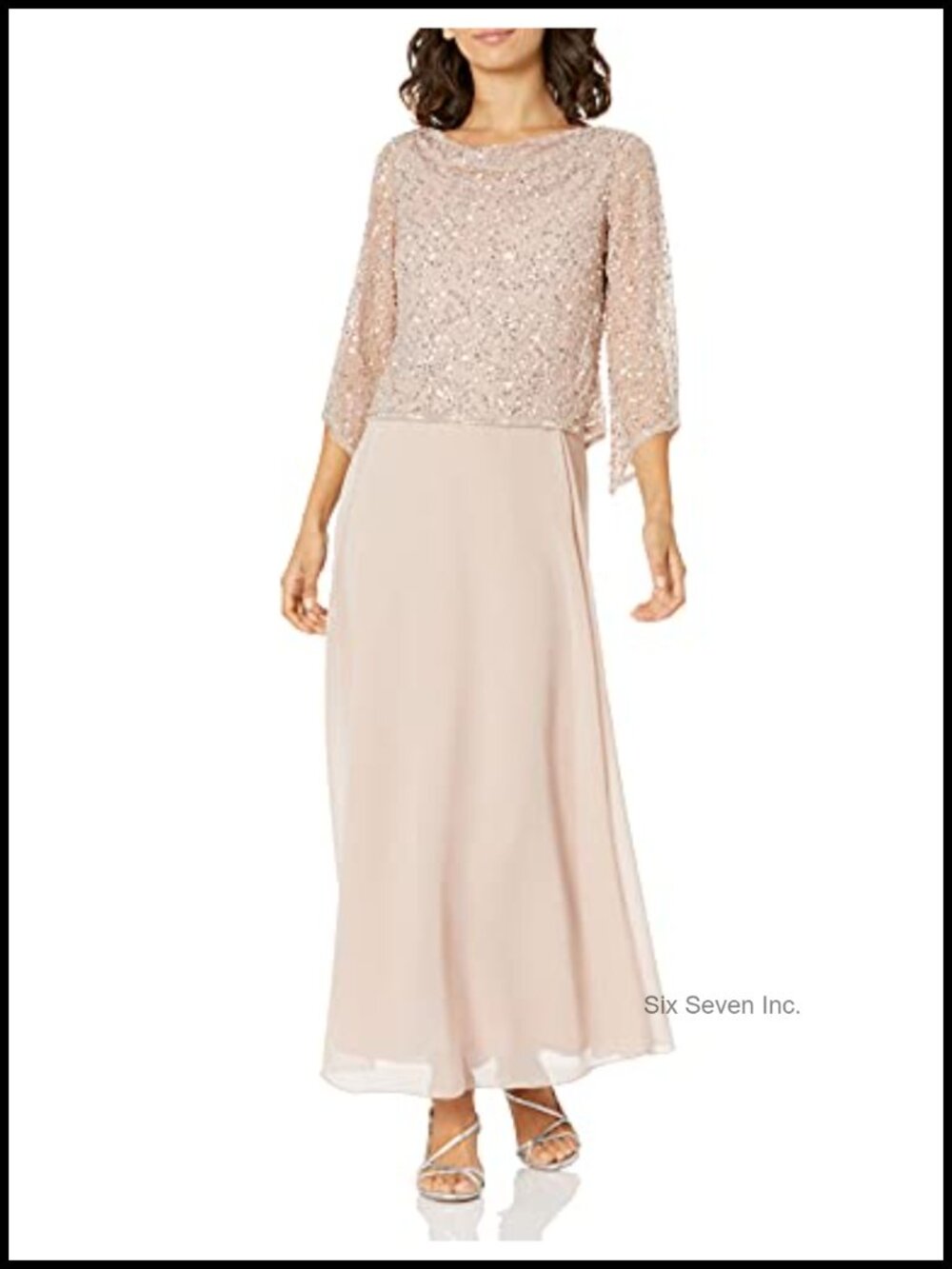 Petite Formal Beaded Cowl Neck 3/4 Sleeve Maxi Dress